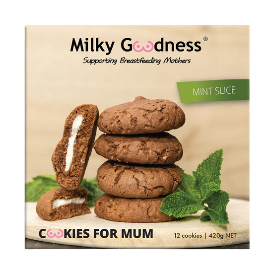 Packaging of Lactation Support Milky Goodness Cookies for Mum with Mint Slice on a white background