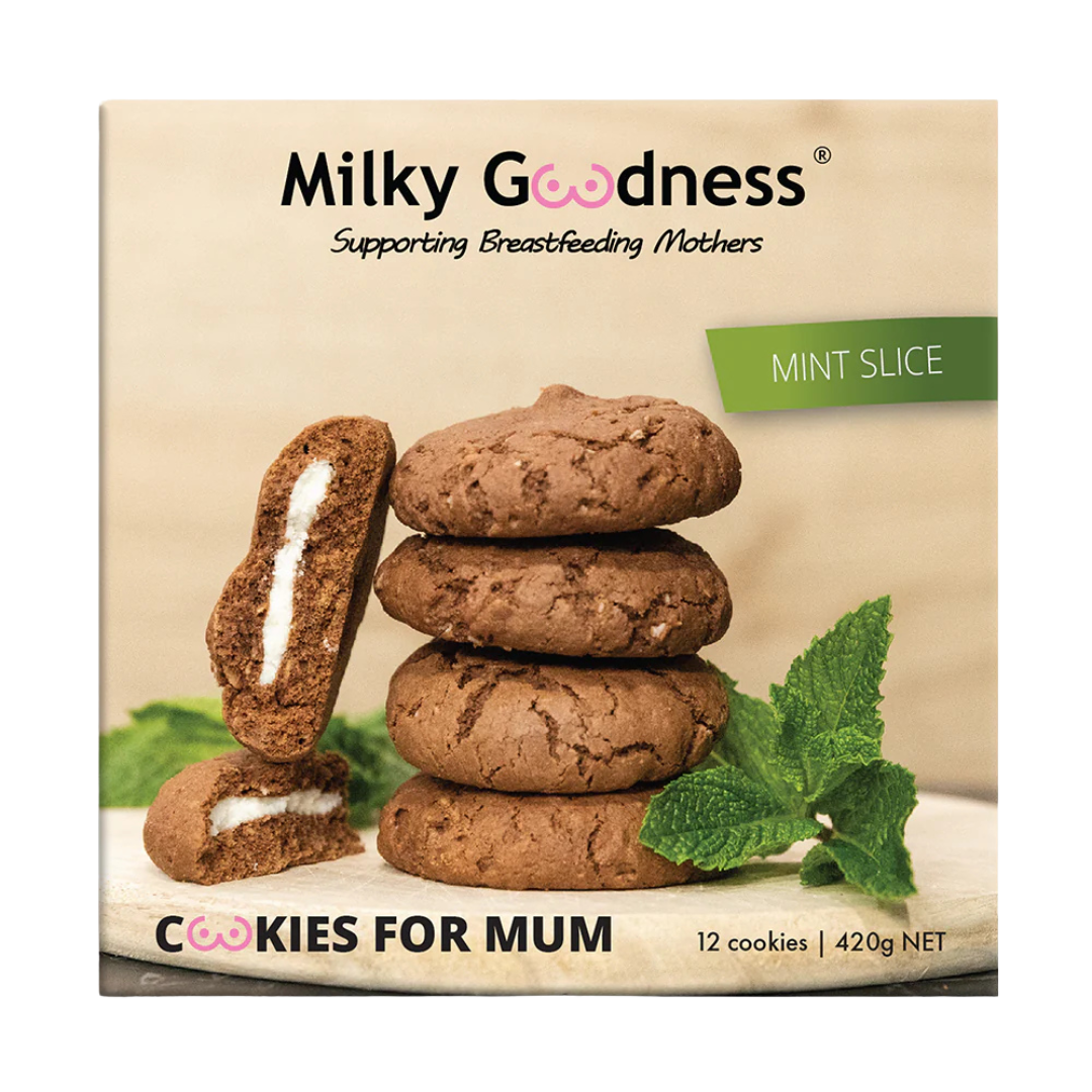 Packaging of Lactation Support Milky Goodness Cookies for Mum with Mint Slice on a white background