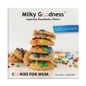 Packaging of Lactation Support Milky Goodness Cookies for Mum with Nutella and M&M's on a white background