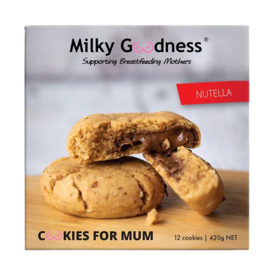 Packaging of Lactation Support  Milky Goodness Cookies for Mum with Nutella on a background