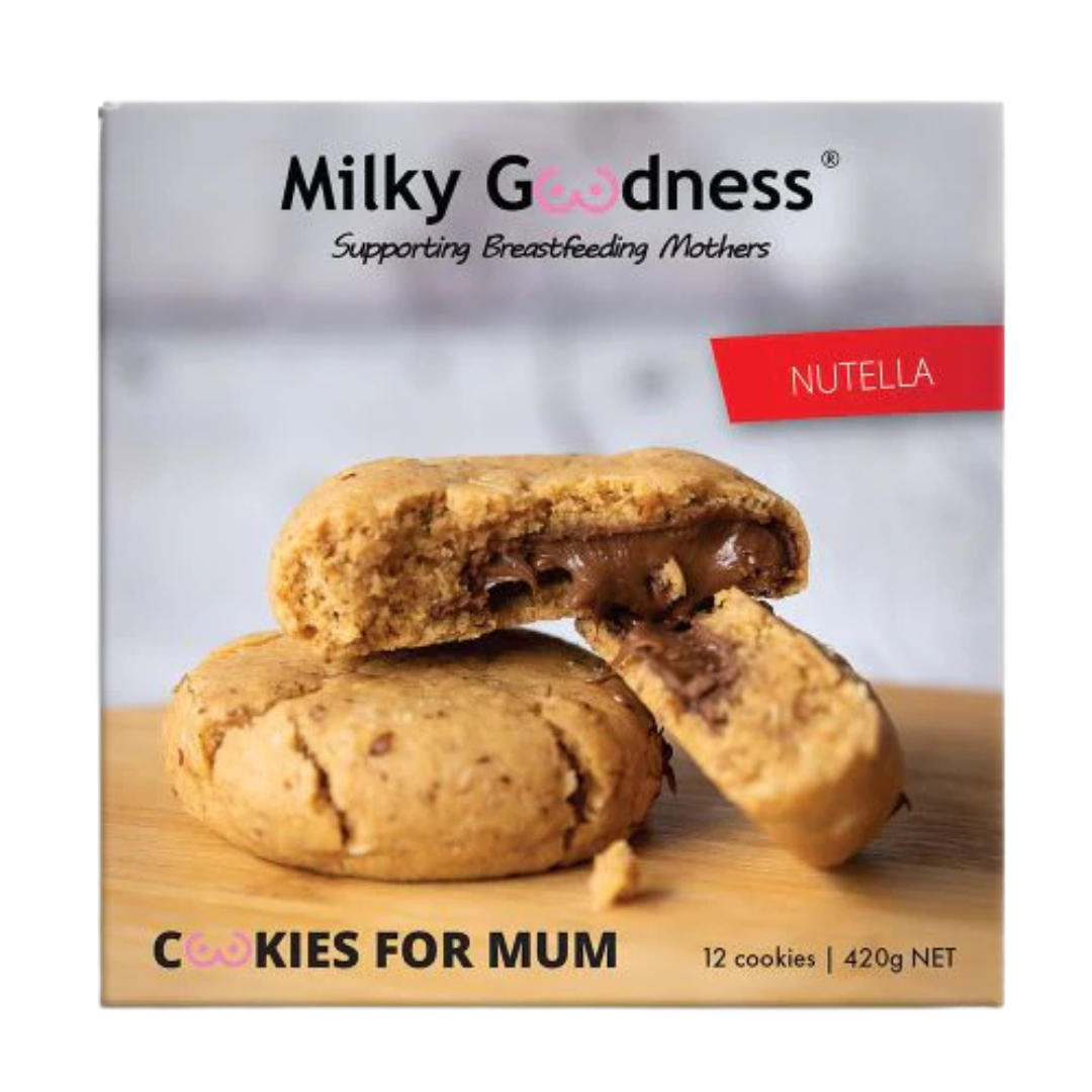 Packaging of Lactation Support  Milky Goodness Cookies for Mum with Nutella on a background