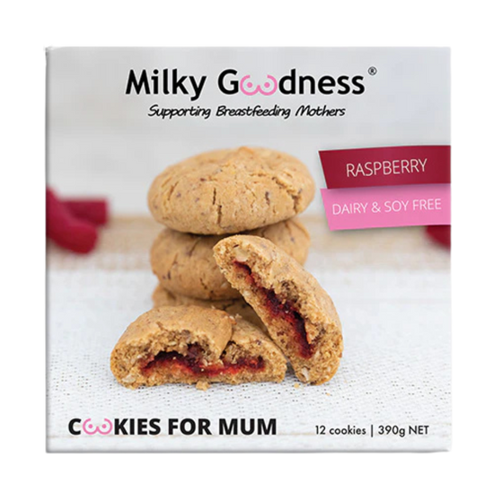 Packaging of Lactation Support  Milky Goodness Cookies for Mum with Raspberry dairy free and soy free on a white background