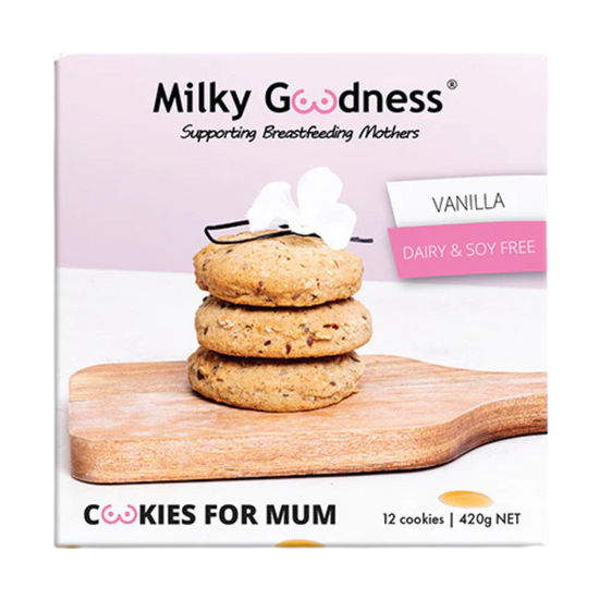 Packaging of Lactation Support  Milky Goodness Cookies for Mum with Vanilla Dairy Free and Soy Free on a white background