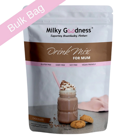 Milky Goodness lactation chocolate drink mix package for mum with a pink border and text bulk bag.