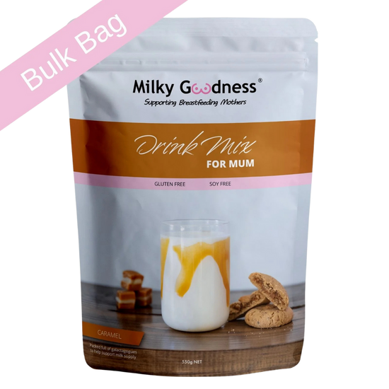 Milky Goodness lactation caramel drink mix package for mum with a pink border and text bulk bag.