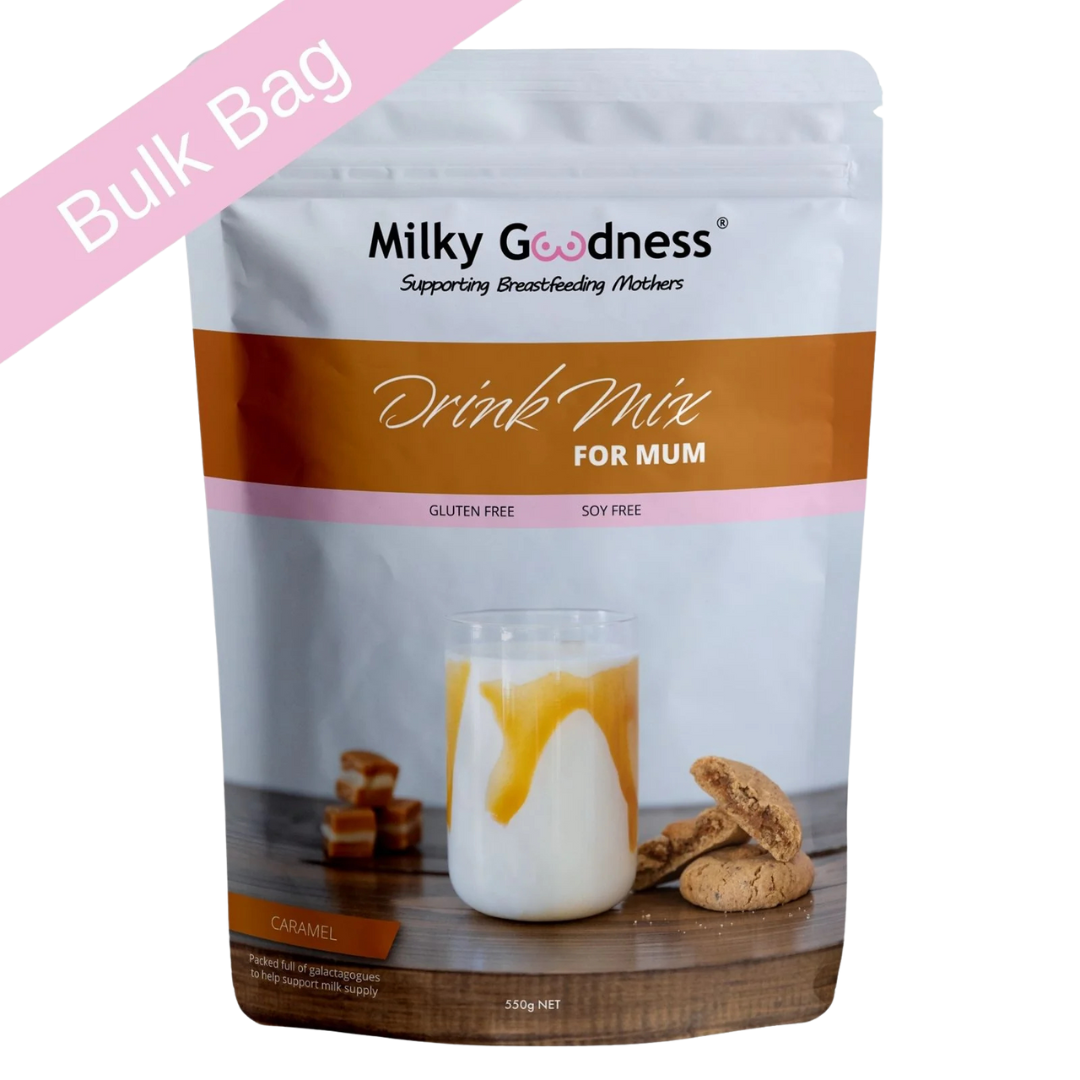 Milky Goodness lactation caramel drink mix package for mum with a pink border and text bulk bag.