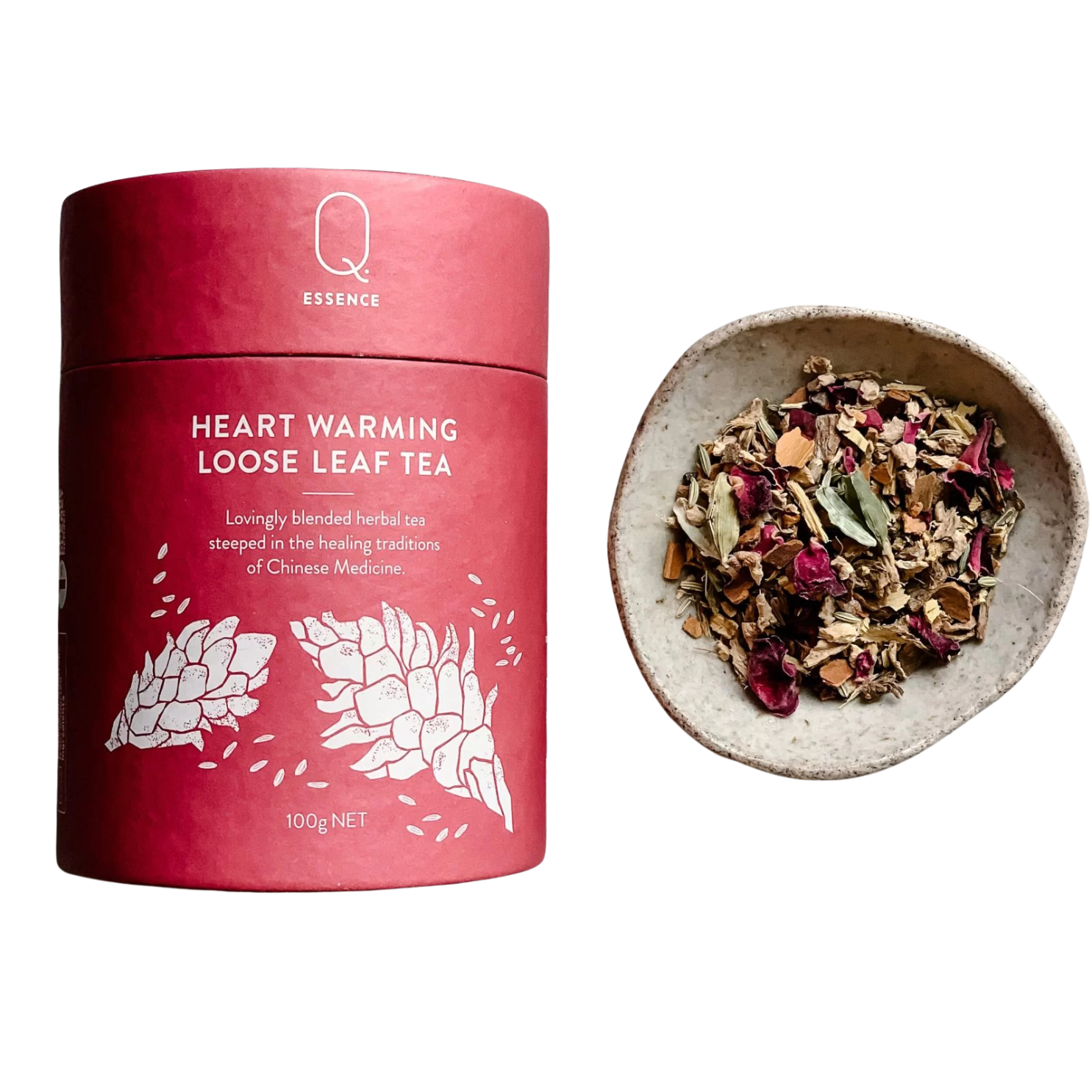Heart Warming loose leaf tea canister 100g . Little bowl of loose tea.