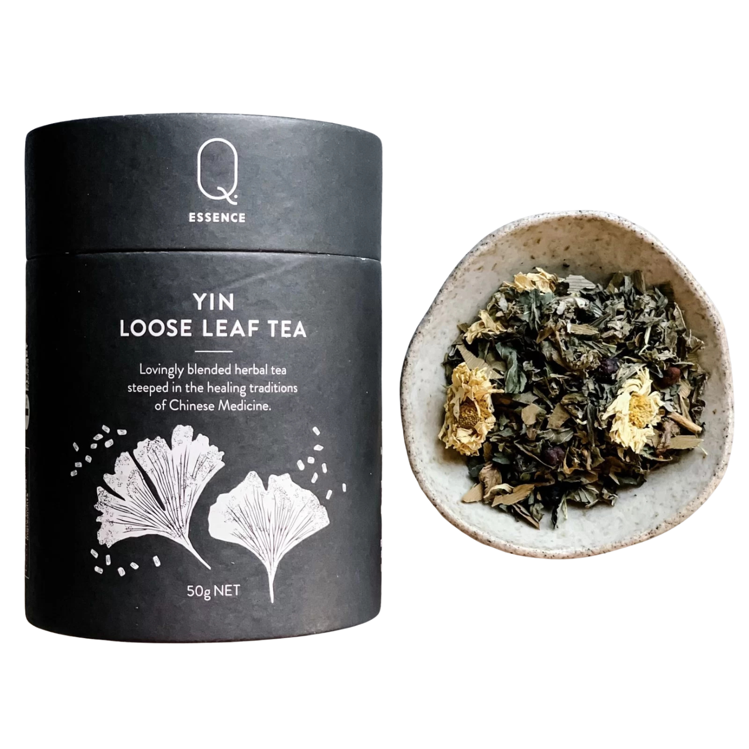 Yin loose leaf tea canister 50g . Little bowl of loose tea.