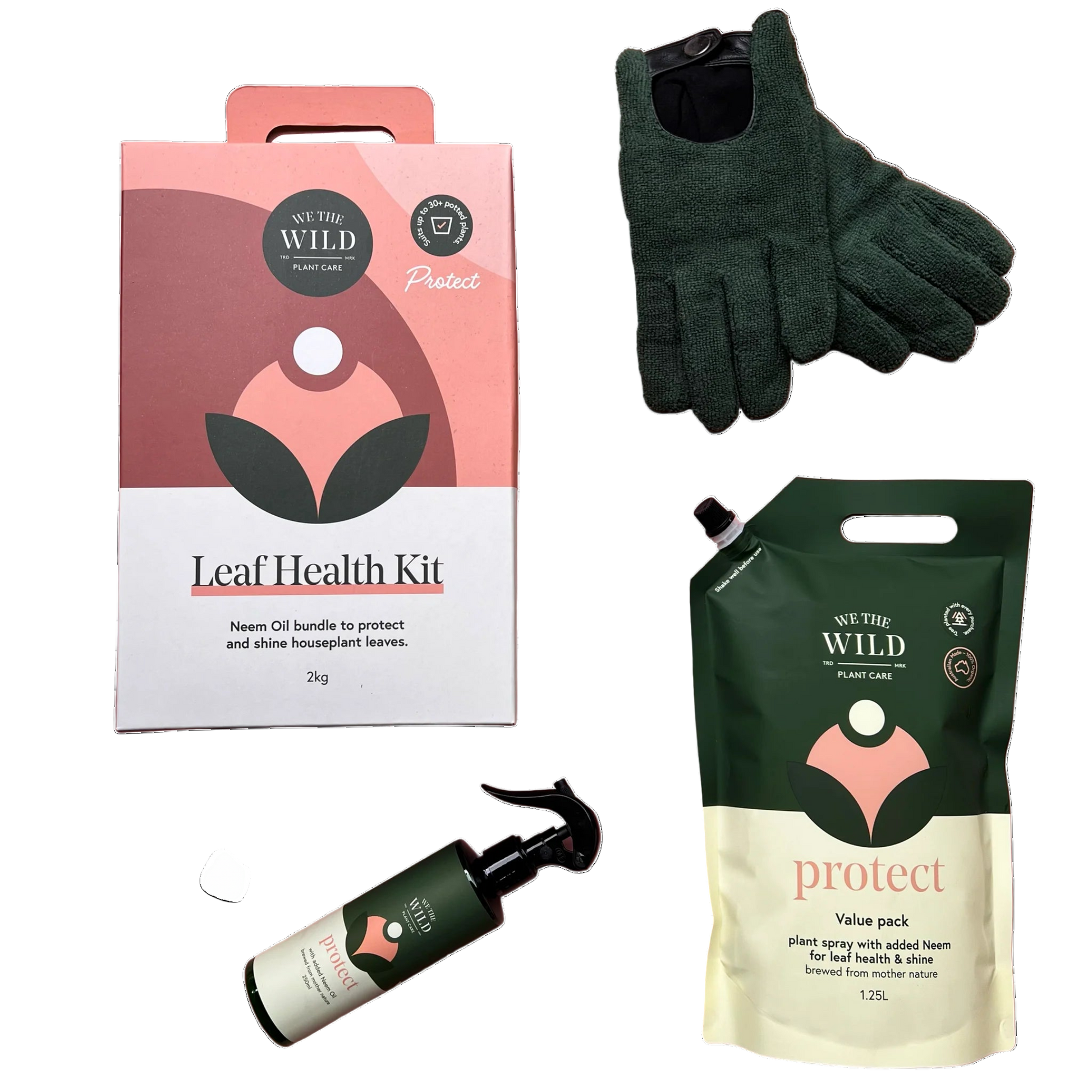 Leaf Health Kit we the wild with packaging, gloves, and spray bottle on a transparent background