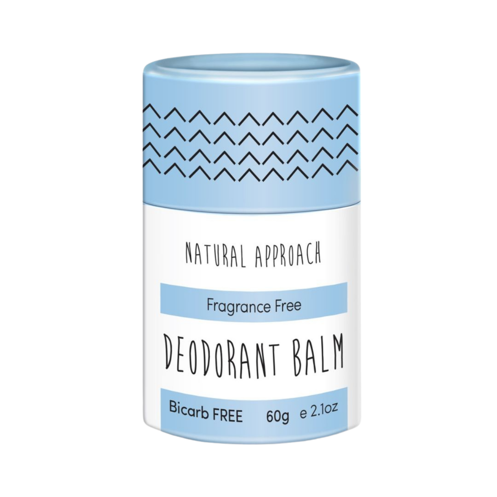 Natural Approach Deodorant balm sensitive skin container with light blue lid and white label. Fragrance Free