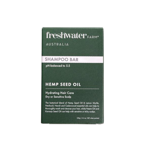 Shampoo bar packaging with 'freshwater farm Australia' branding on a white background