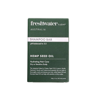 Shampoo bar packaging with 'freshwater farm Australia' branding on a white background