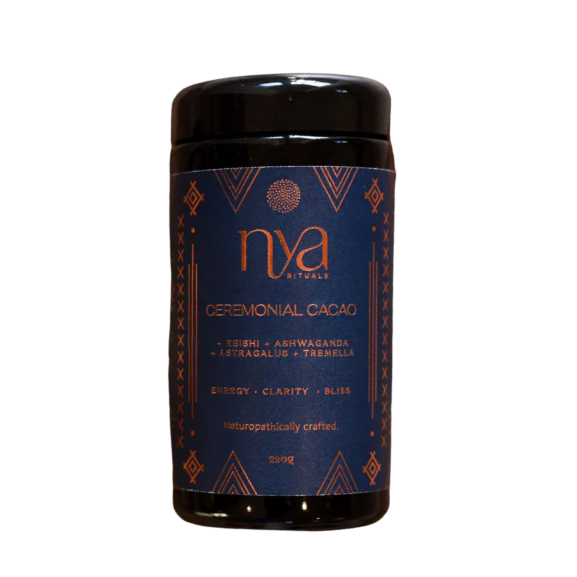 Nya Ceremonial cacao container with blue label and black lid on a transparent background