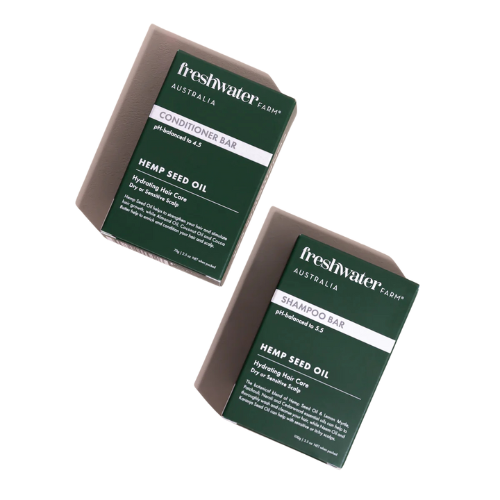 Freshwater Farms Australia shampoo and conditioner bar on a white background. 