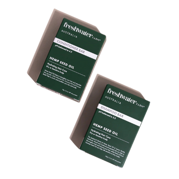 Freshwater Farms Australia shampoo and conditioner bar on a white background. 