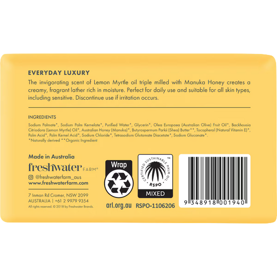 Back label of a lemon myrtle oil manuka honey soap bar with freshwater farm branding 