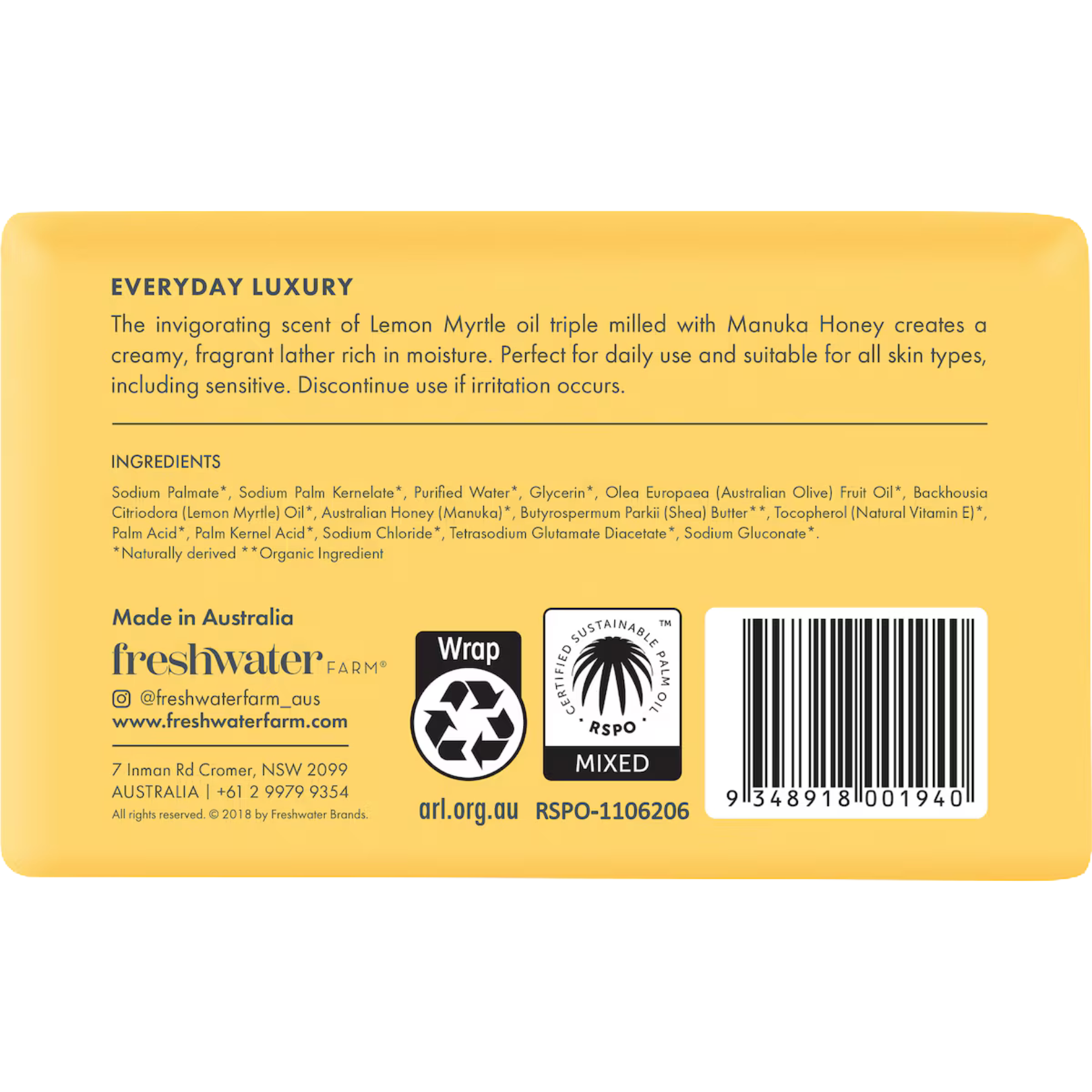 Back label of a lemon myrtle oil manuka honey soap bar with freshwater farm branding 