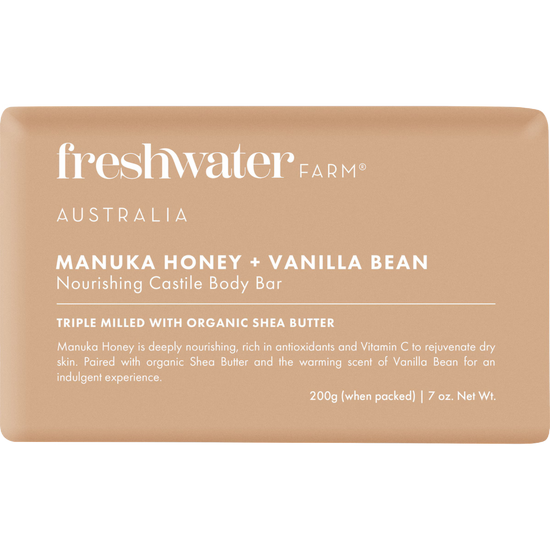 Bar of manuka honey vanilla bean soap from Freshwater Farm Australia