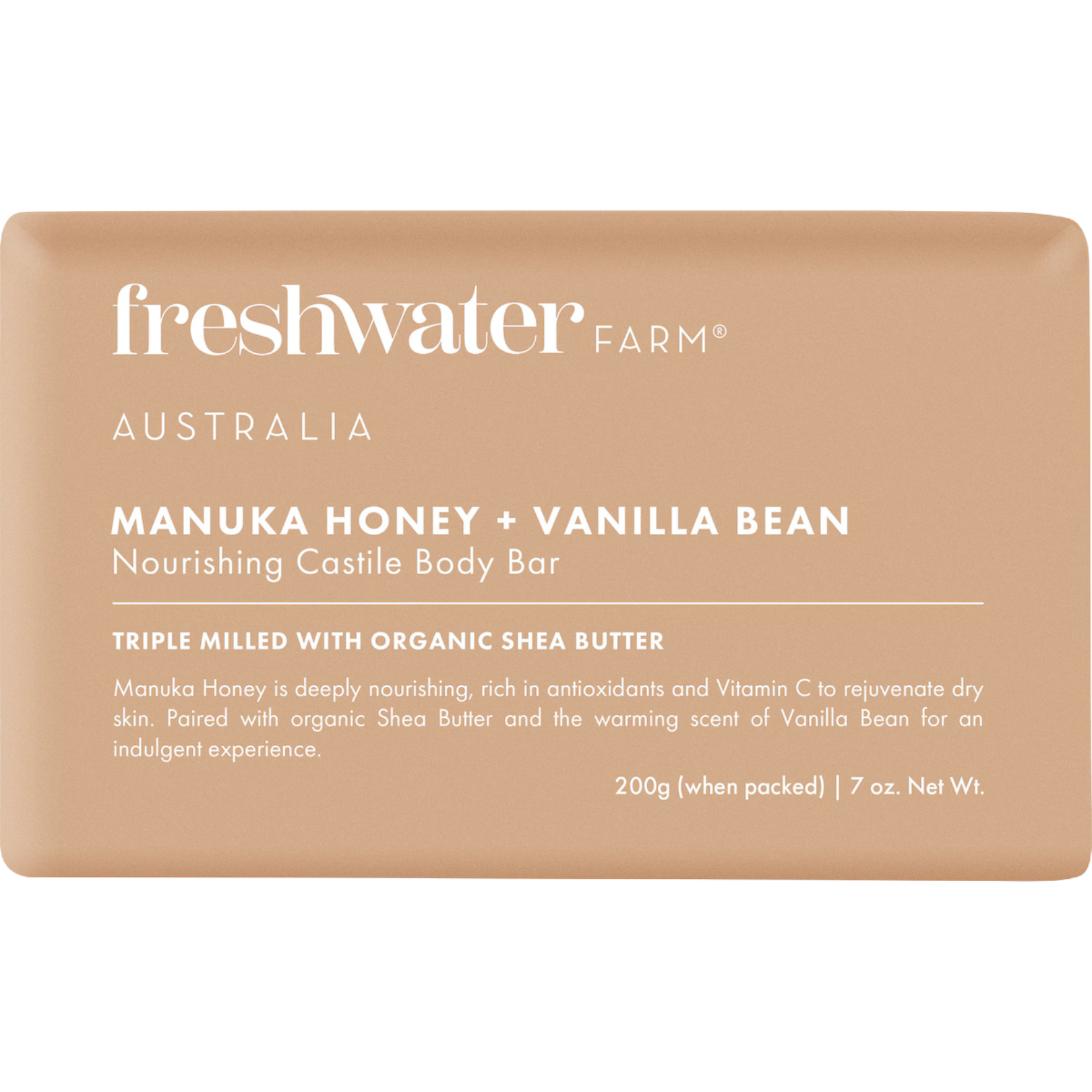Bar of manuka honey vanilla bean soap from Freshwater Farm Australia