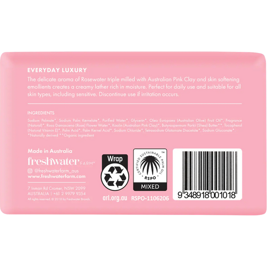 Back label of a rosewater and pink clay soap bar with freshwater farm branding 