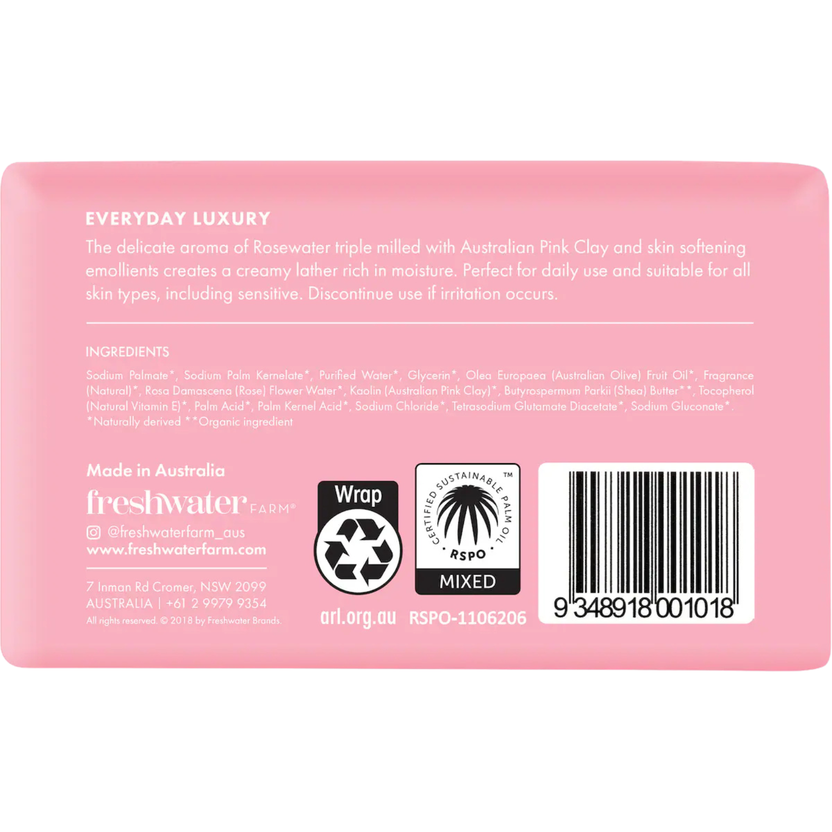 Back label of a rosewater and pink clay soap bar with freshwater farm branding 