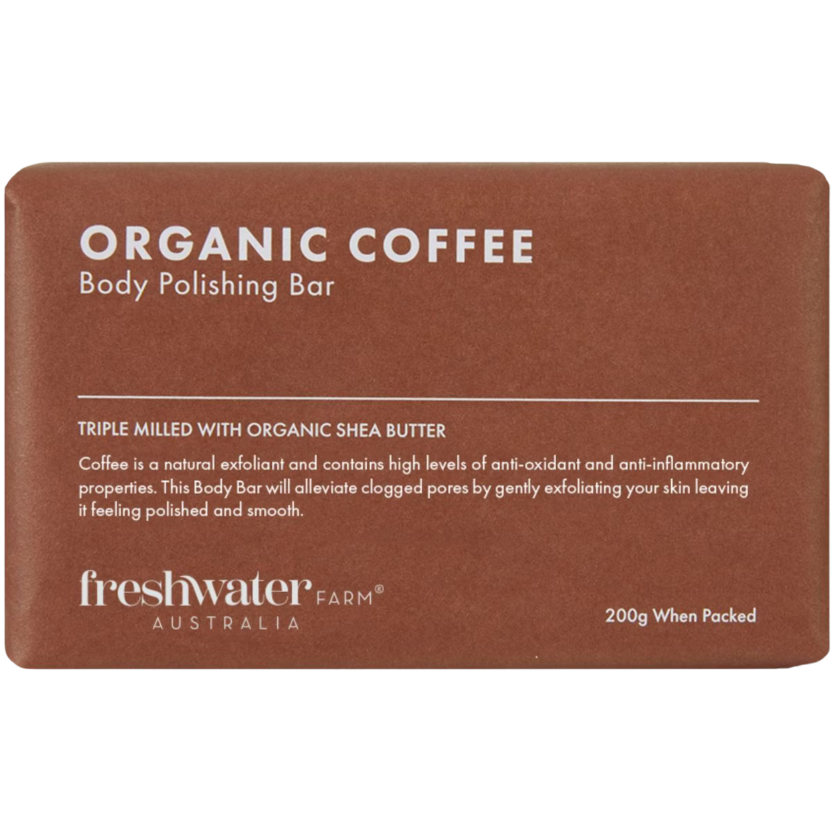 Organic coffee body soap bar with text freshwater farm Australia