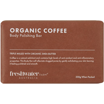Organic coffee body soap bar with text freshwater farm Australia