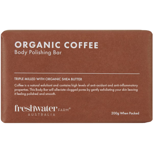 Organic coffee body soap bar with text freshwater farm Australia