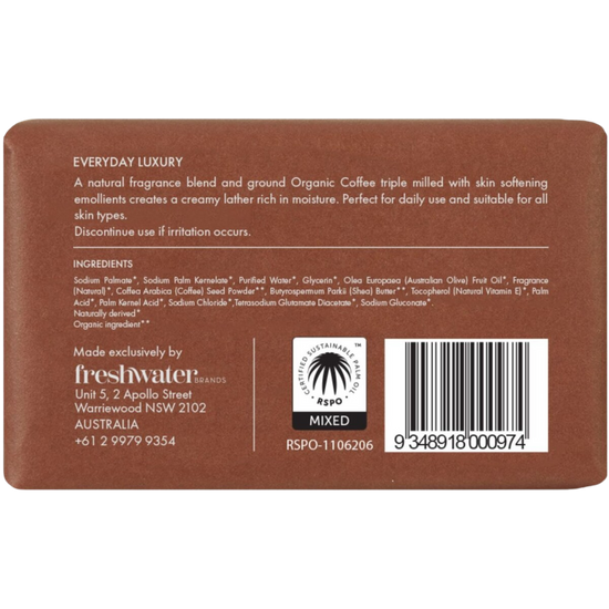 Back label of a bar of freshwater farm coffee soap with text and branding