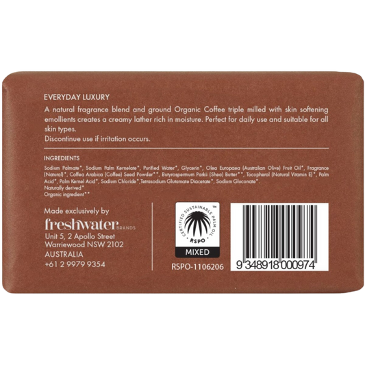 Back label of a bar of freshwater farm coffee soap with text and branding