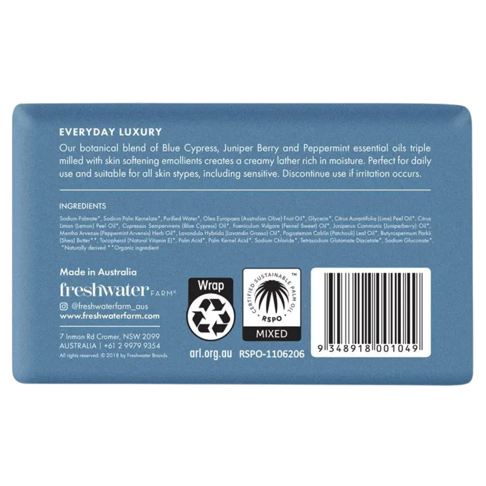 Back label of a blue cypress juniper berry oil soap bar with freshwater farm branding 