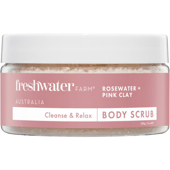 Jar of Freshwater Farm body scrub  rosewater + pink clay with pink label on 