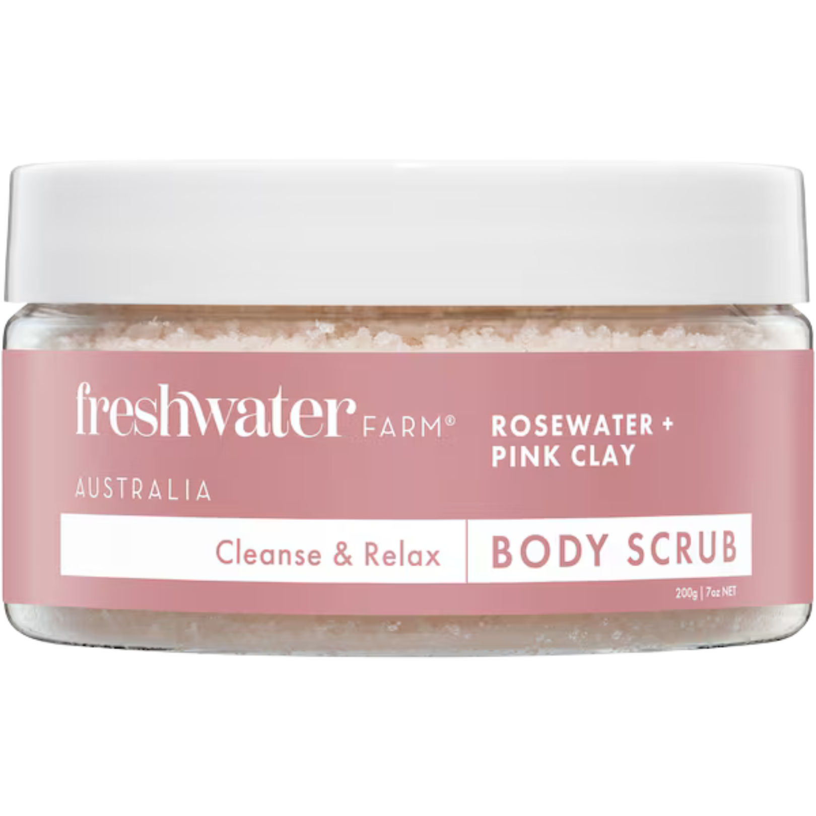 Jar of Freshwater Farm body scrub  rosewater + pink clay with pink label on 