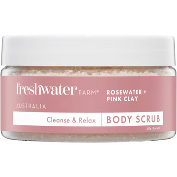 Jar of Freshwater Farm body scrub  rosewater + pink clay with pink label on 