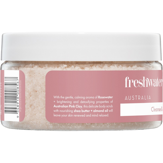 Jar of Freshwater Australia body scrub with pink label