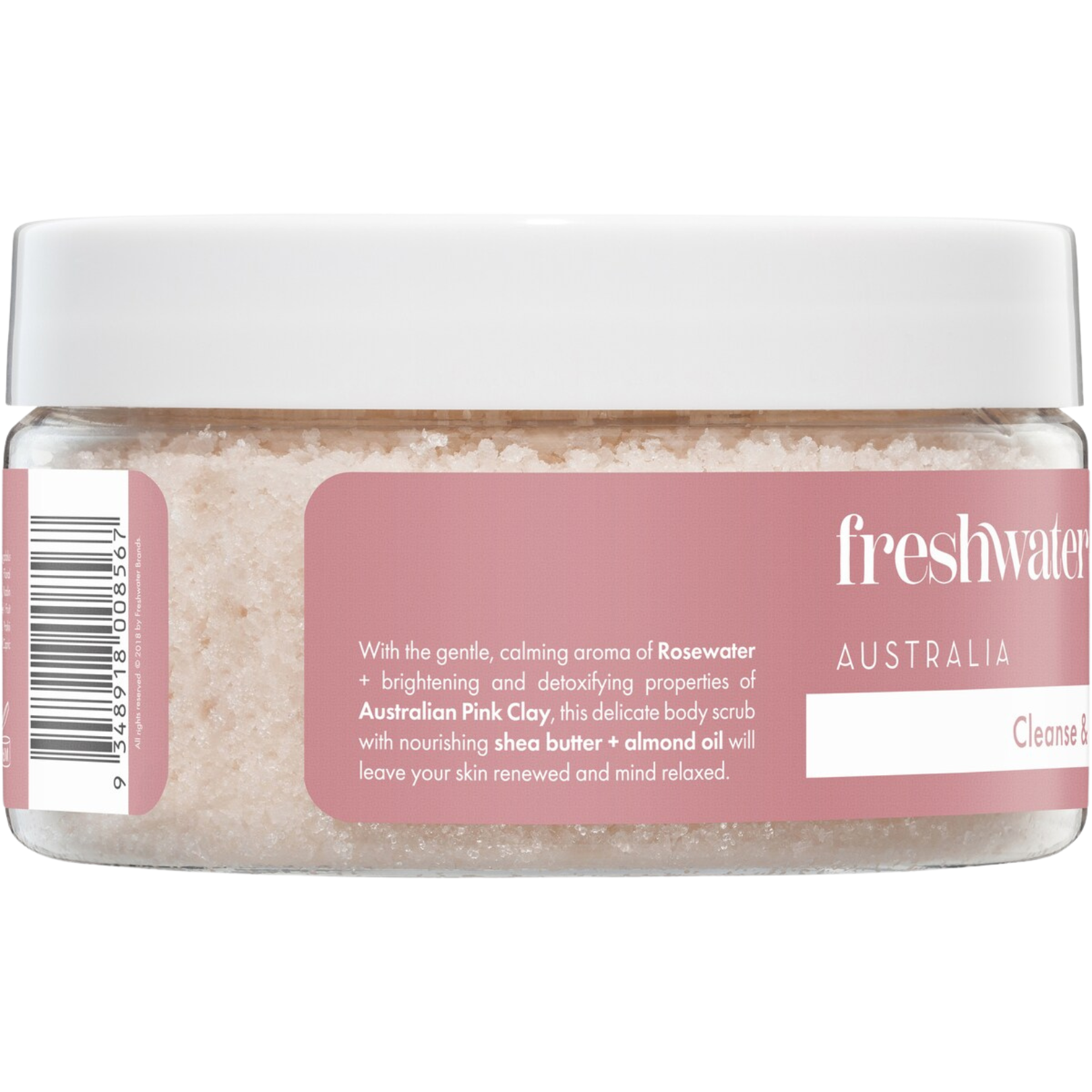 Jar of Freshwater Australia body scrub with pink label