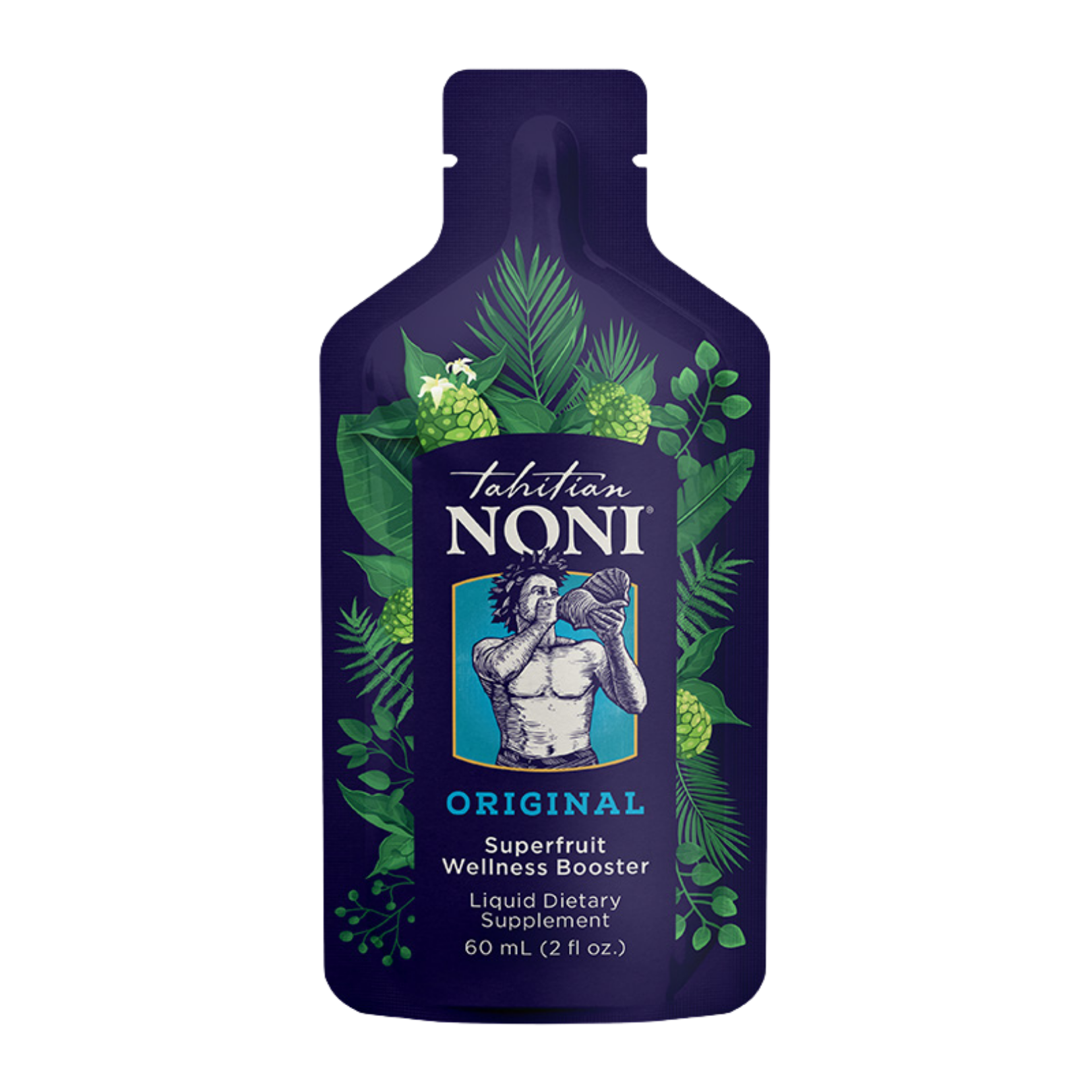 Tahitian Noni Original superfruit wellness booster packaging with tropical leaf design 