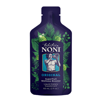 Tahitian Noni Original superfruit wellness booster packaging with tropical leaf design 