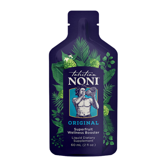 Tahitian Noni Original superfruit wellness booster packaging with tropical leaf design 