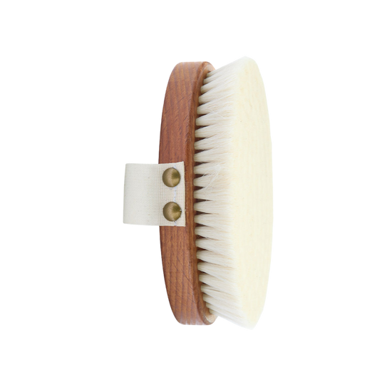 Wooden brush with white bristles. Body brush for gentle massage with goat hair.