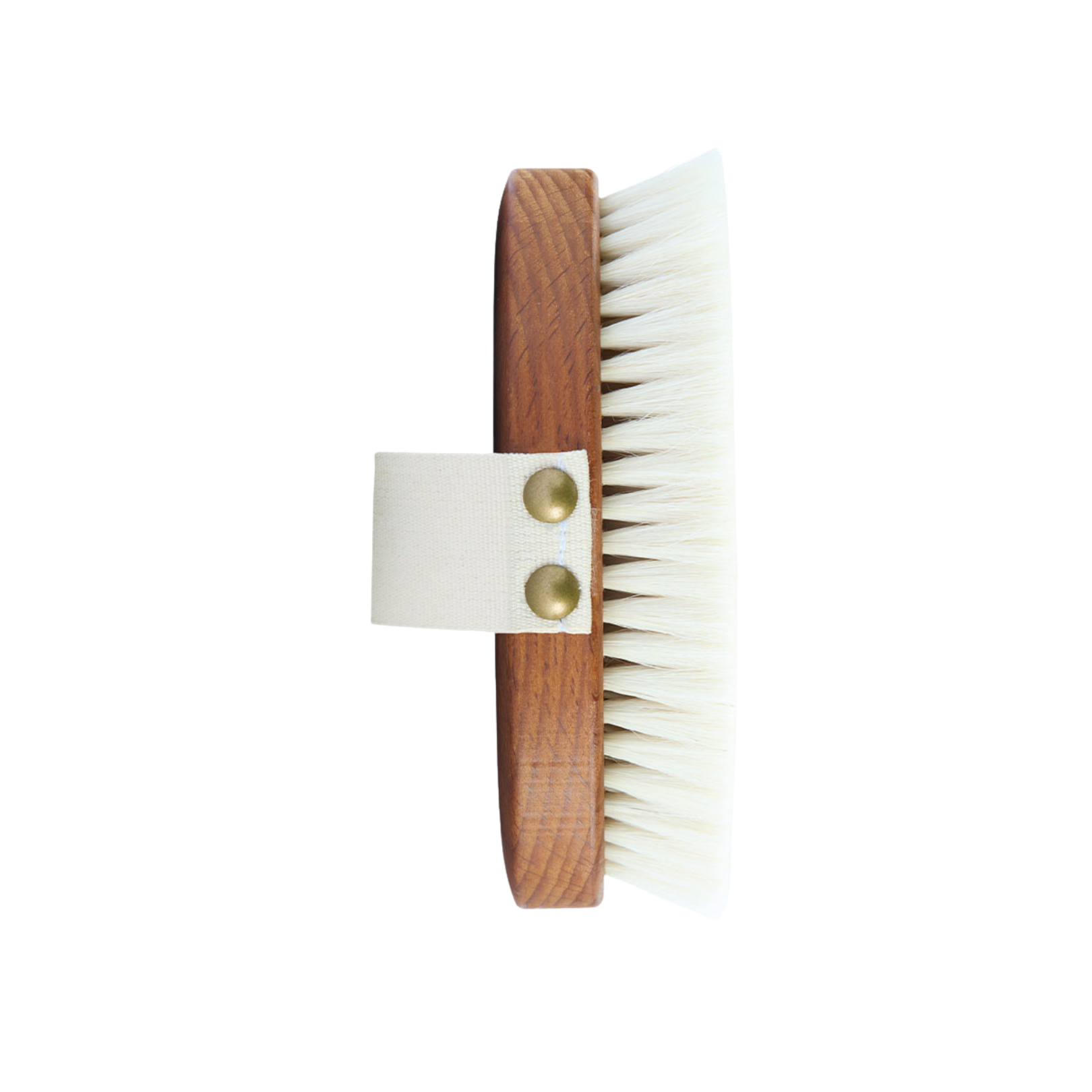 Wooden brush with white bristles. Body brush for gentle massage with goat hair