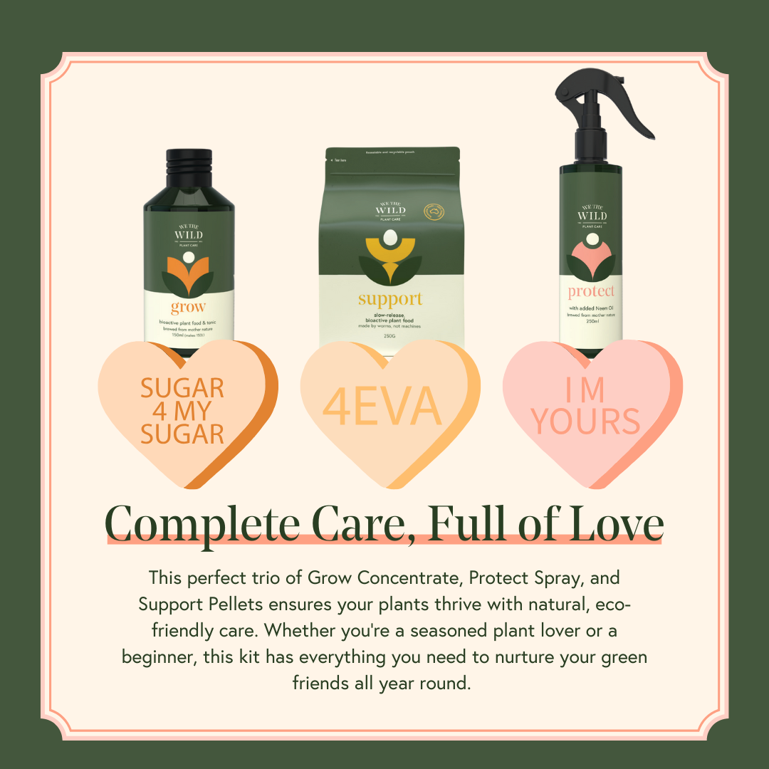 With all Three plant care products with heart-shaped labels on a green background. Grow, support and protect.