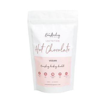 Bag of vegan lactation hot chocolate with branding on a transparent background