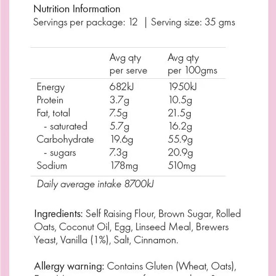 Nutrition information and ingredients list for Milky Goodness Vanilla lactation  dairy free and soy free cookies on a pink background