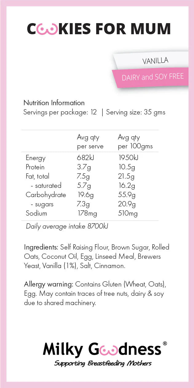 Nutrition information and ingredients list for Milky Goodness Vanilla lactation  dairy free and soy free cookies on a pink background