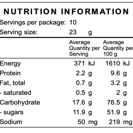 Nutrition information label for a food product with serving size, energy, protein, fat, carbohydrate, and sodium details.