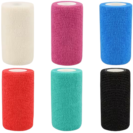 Twelve wound dressings or bandages arranged in a 3-by-4 grid on a white background, shown in assorted colors including purple, blue, green, yellow, beige, white, pink, orange, red, teal, and black.