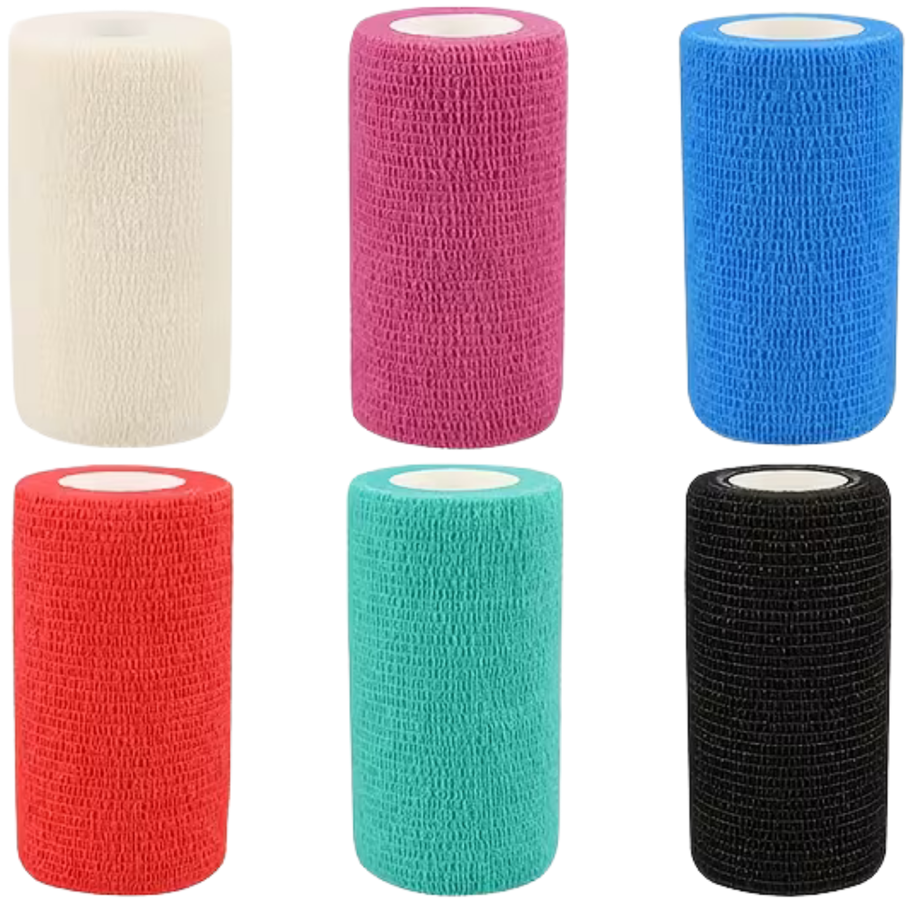 Twelve wound dressings or bandages arranged in a 3-by-4 grid on a white background, shown in assorted colors including purple, blue, green, yellow, beige, white, pink, orange, red, teal, and black.