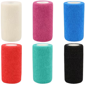 Twelve wound dressings or bandages arranged in a 3-by-4 grid on a white background, shown in assorted colors including purple, blue, green, yellow, beige, white, pink, orange, red, teal, and black.