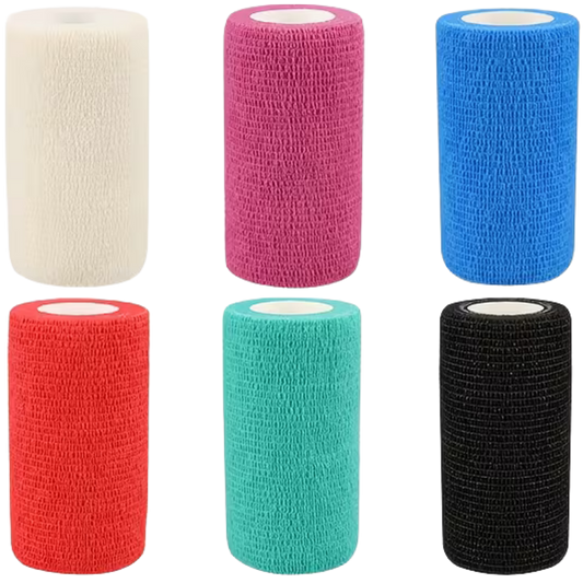 Twelve wound dressings or bandages arranged in a 3-by-4 grid on a white background, shown in assorted colors including purple, blue, green, yellow, beige, white, pink, orange, red, teal, and black.